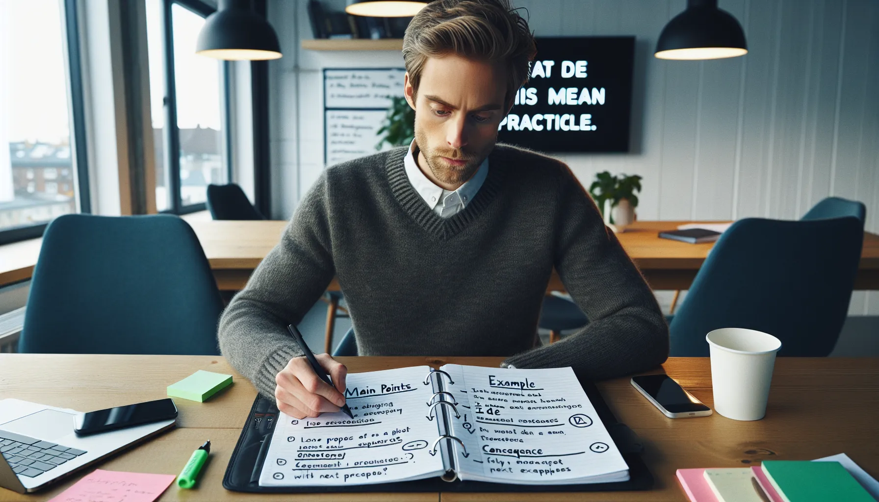 Norwegian office worker writing structured notes with clear headings and action items.