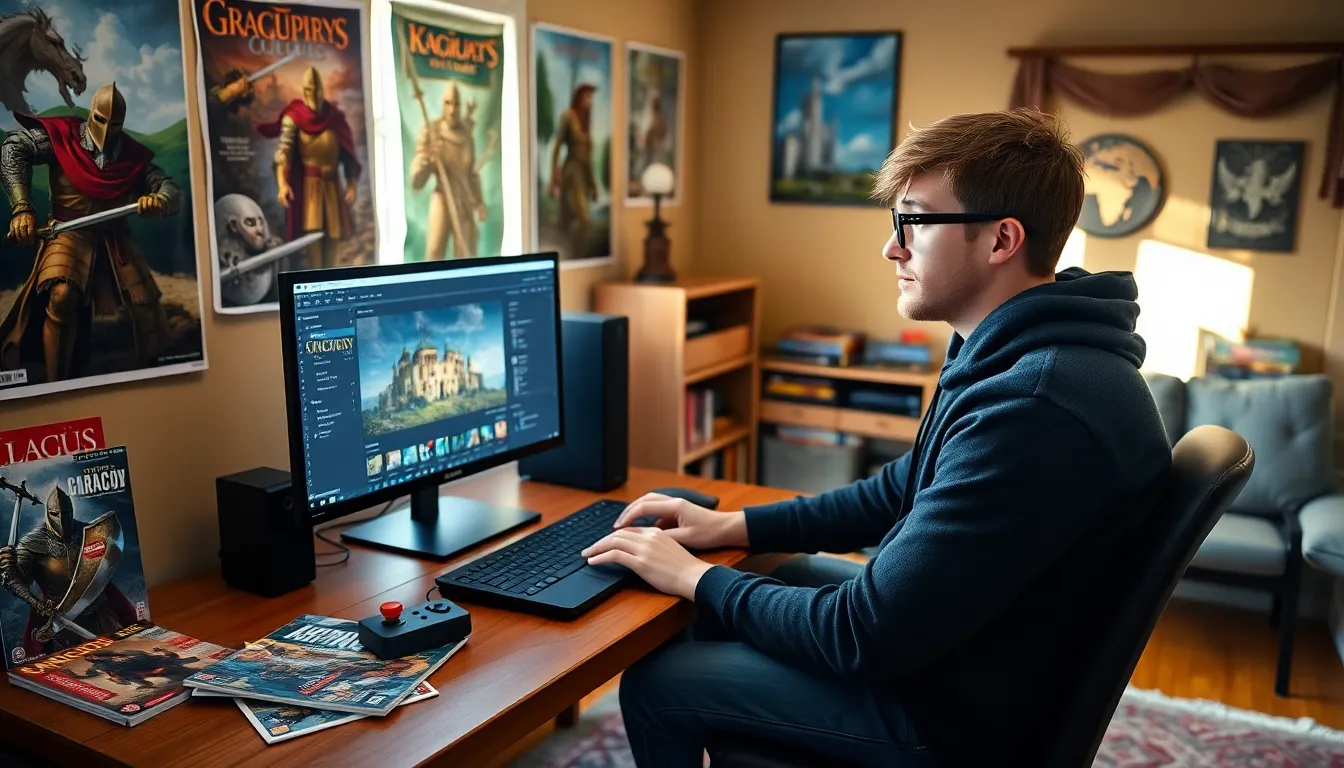 a young man using CK2Generator on his computer in a cozy room.
