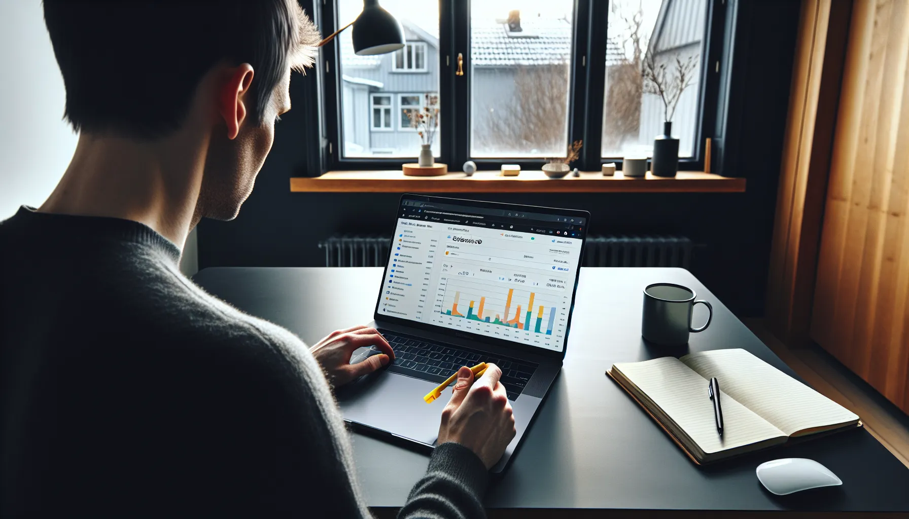 Marketer reviews norwegian faq data and intent categories on a laptop screen.