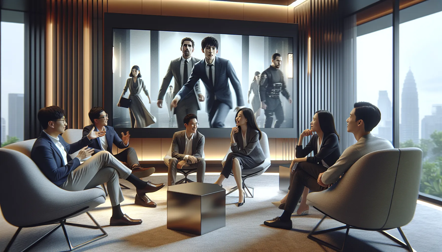 diverse group discussing the captivating storyline of wwwkuthira.com in a stylish viewing room.