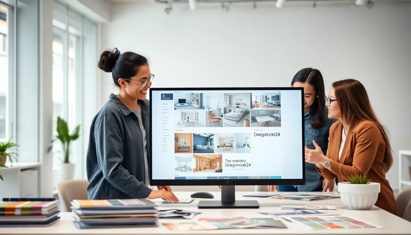 diverse team discussing interior design software in a modern office.