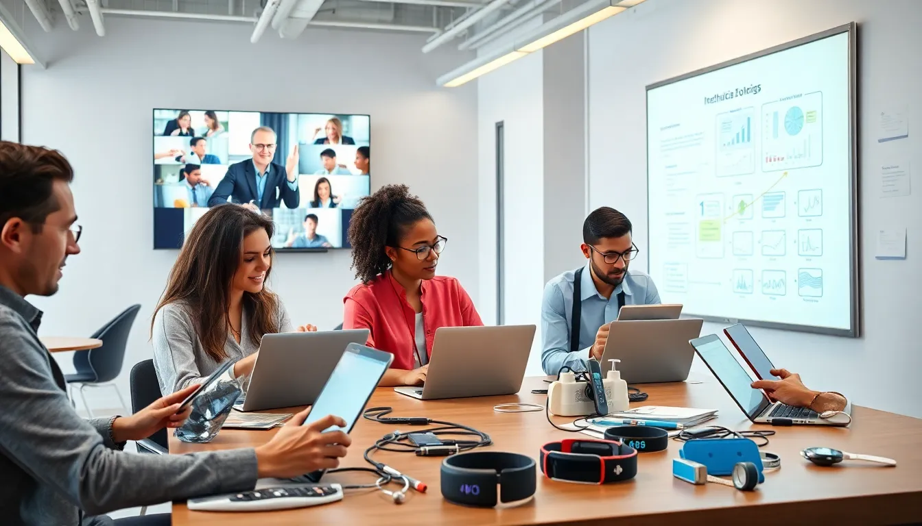 diverse team using technology in a modern office setting.