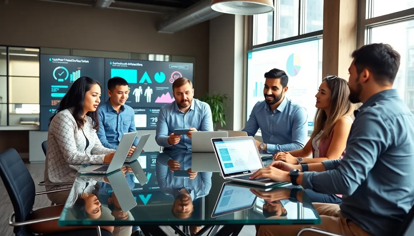diverse startup team discussing CRM tools in a modern office