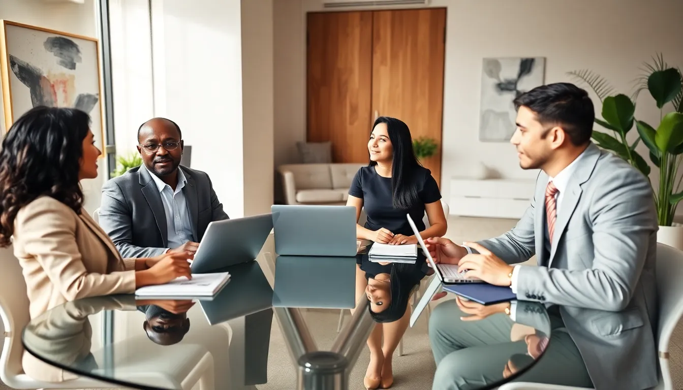 diverse professionals discussing relationship advice in a modern office.