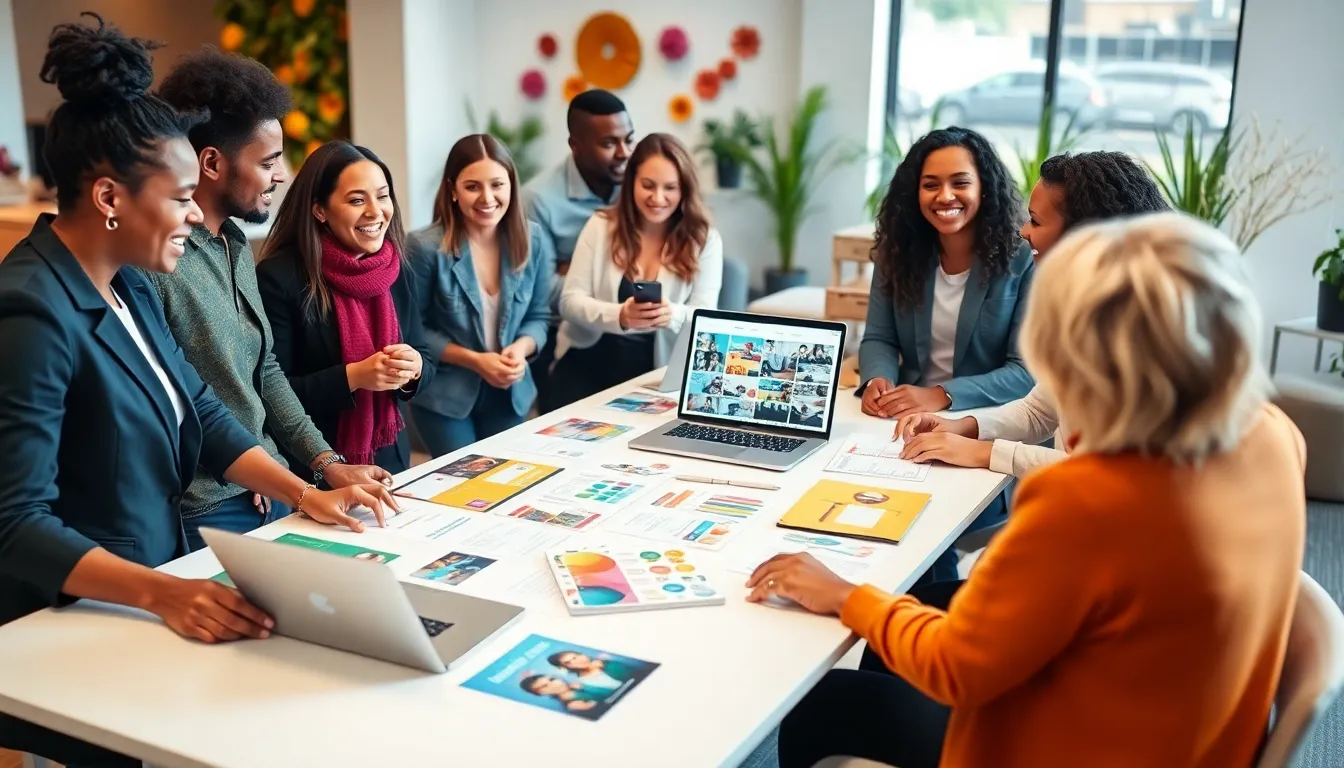 diverse group collaborating on creative event planning in a modern space.