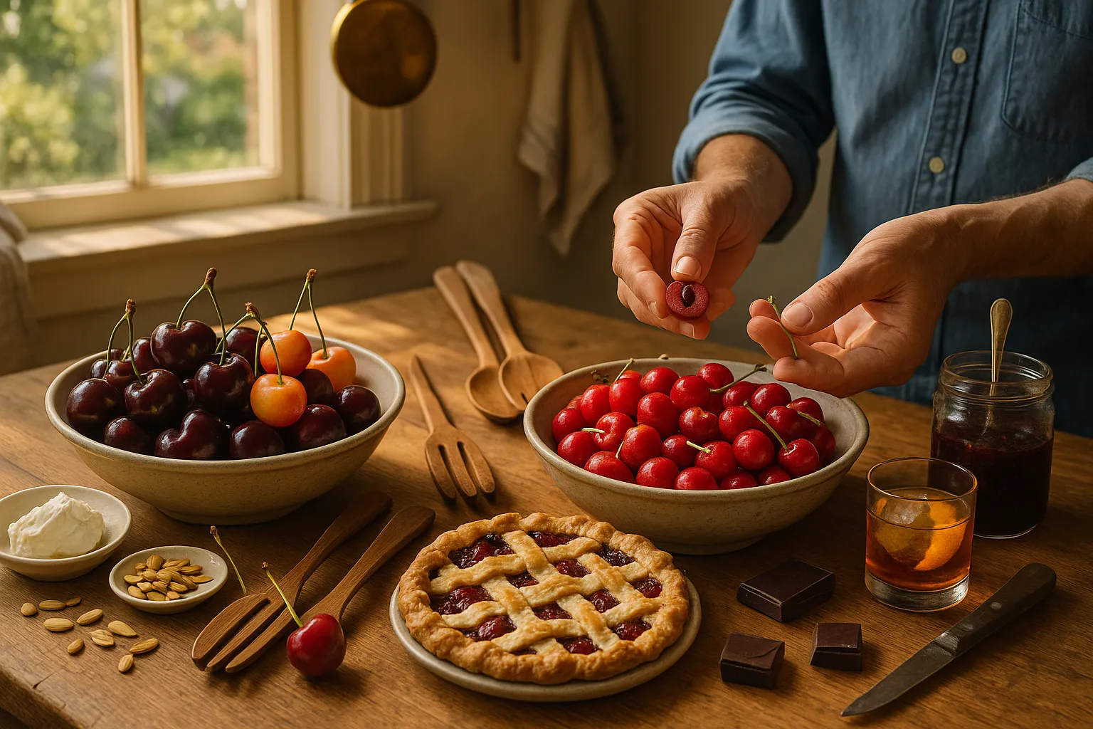 Two bowls of sweet and sour cherries with cheeses, pie, jam, and bourbon.