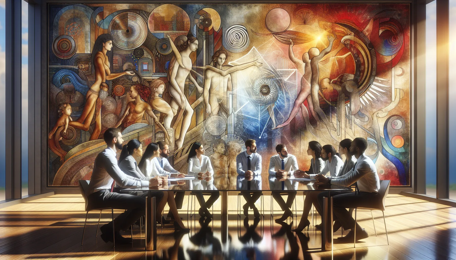 professionals discussing a cultural tapestry in a collaborative office setting.