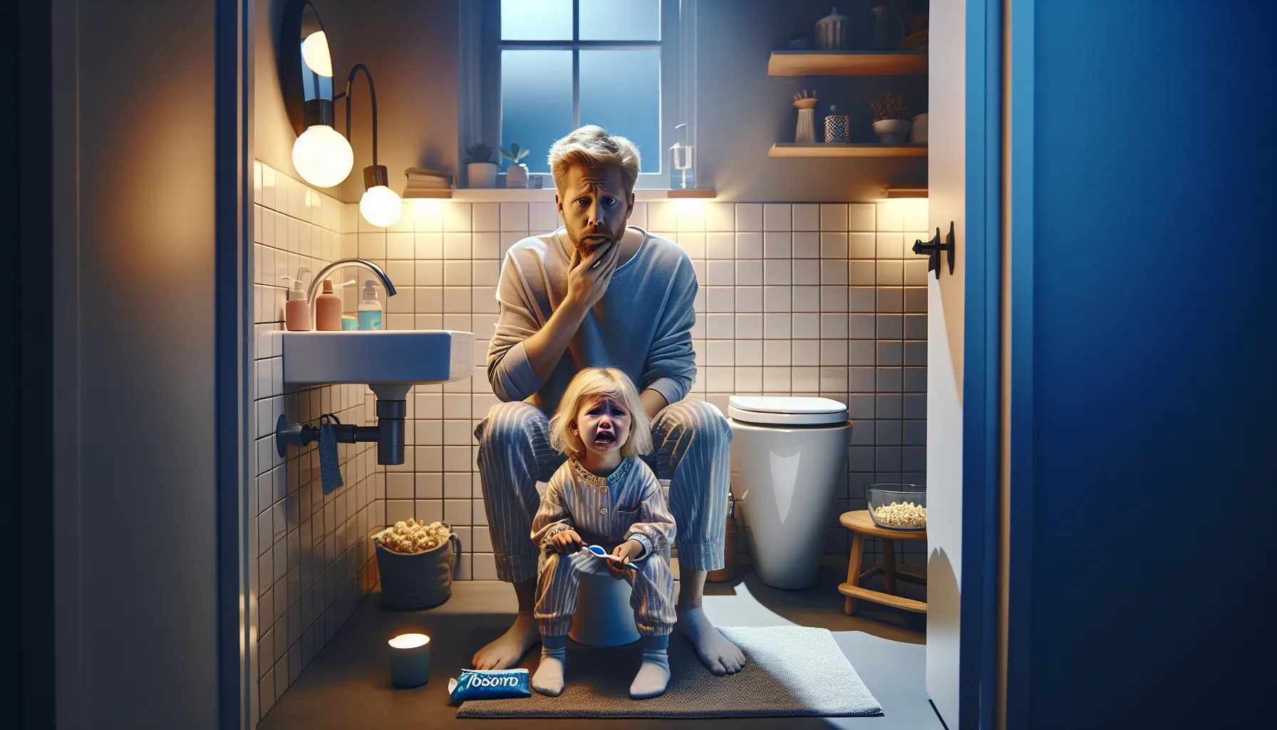 Parent checks a child’s sore tooth under bathroom light in norway.