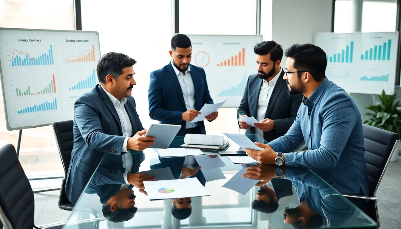 diverse team discussing energy brokerage in a modern office.
