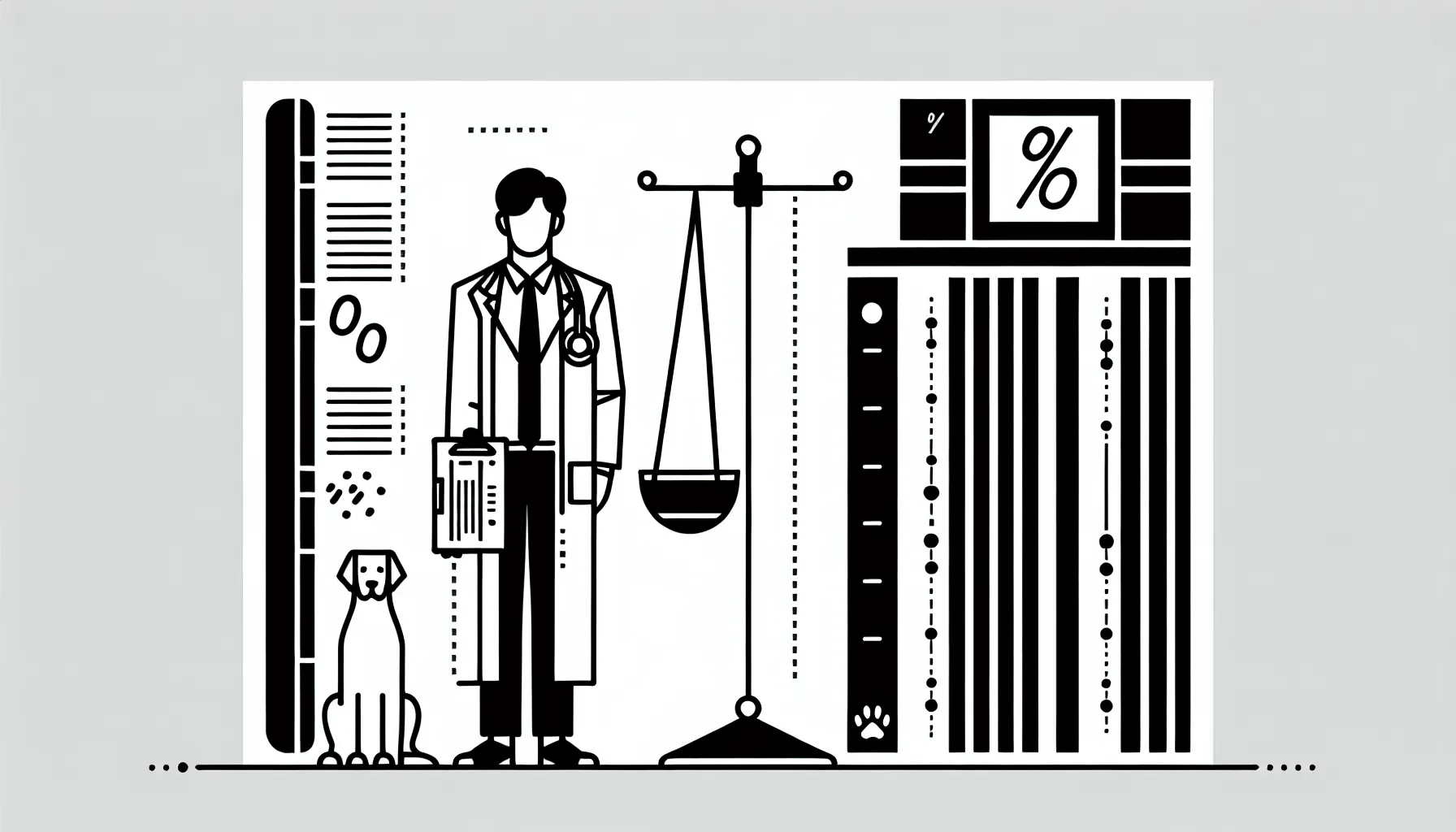 Veterinarian holding clipboard beside scales balancing salary and production of Veterinary Compensation and ProSal Review.
