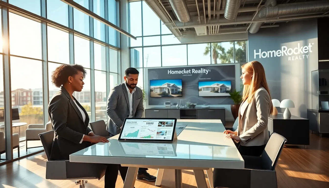 A diverse real estate team discussing property options in a modern office.