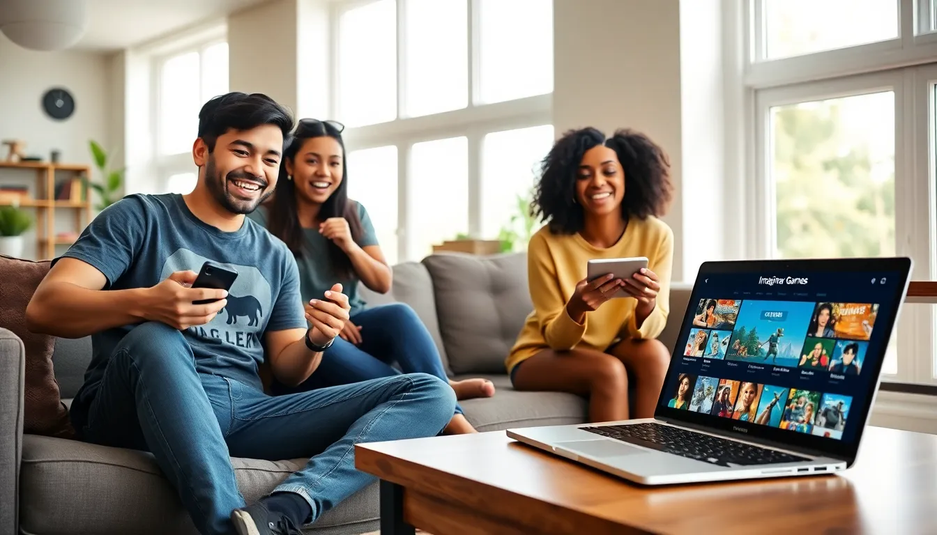 a diverse group of young adults gaming in a bright living room.