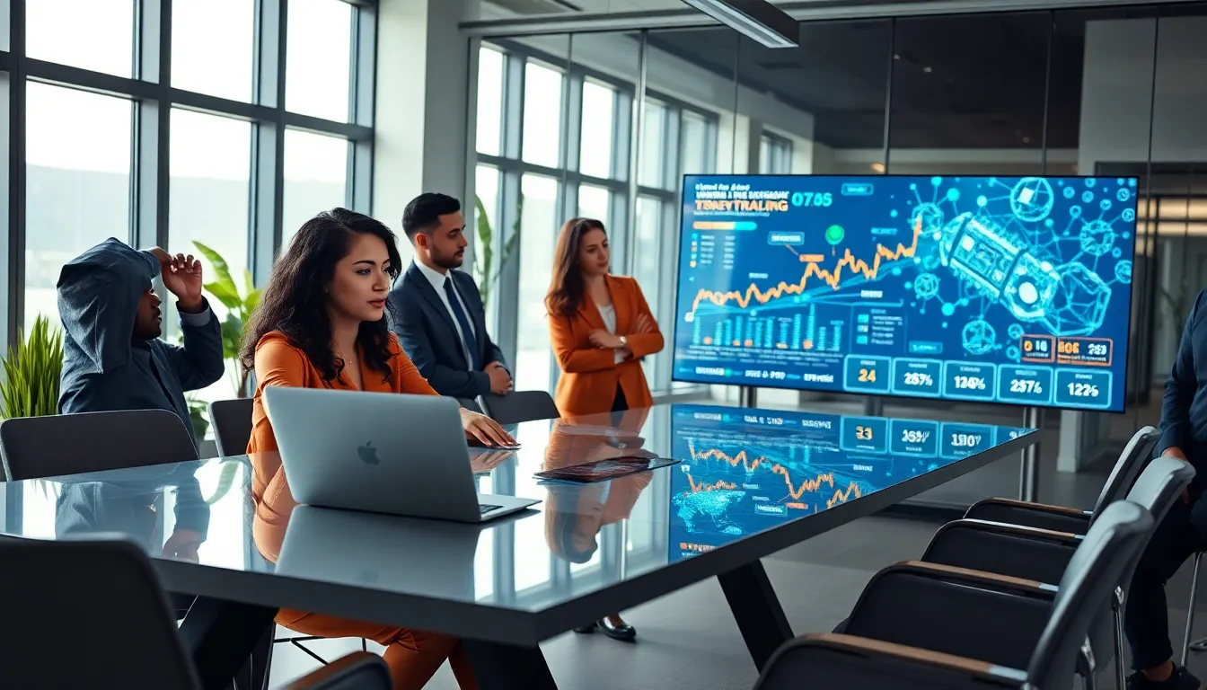 diverse professionals collaborating in a modern office on cryptocurrency trading.