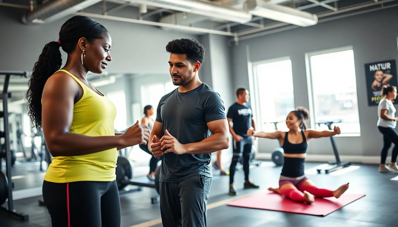 diverse clients receiving personal training in a modern gym setting.