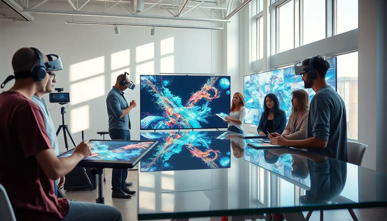 artists collaborating in a modern studio with advanced technology.