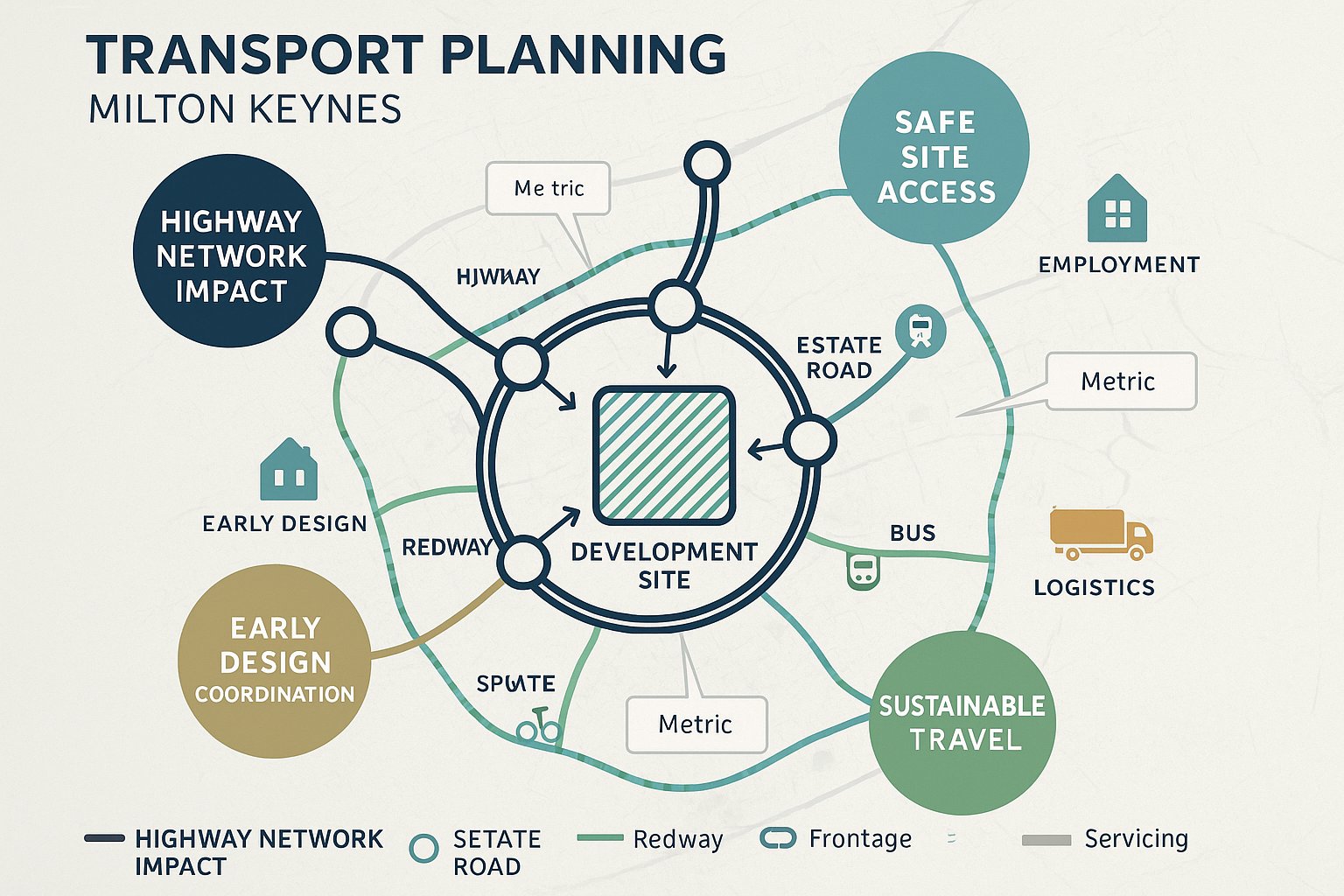 Infographic of Milton Keynes transport planning, growth pressures, roads, access, and travel routes.