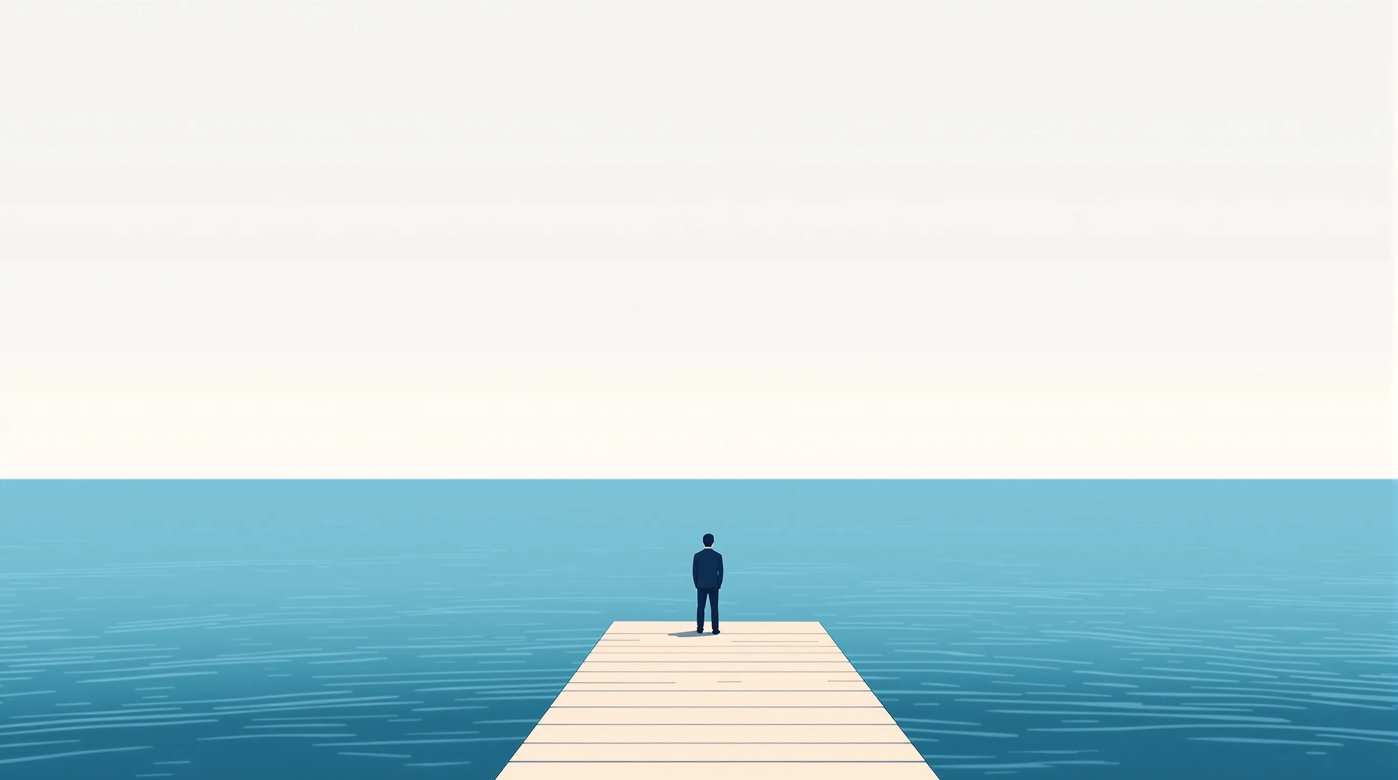 A simplified figure at dock's edge gazing at a vast minimal ocean horizon.