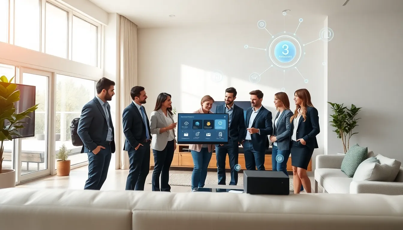 diverse security team reviewing Nighthawk solutions in a modern home.