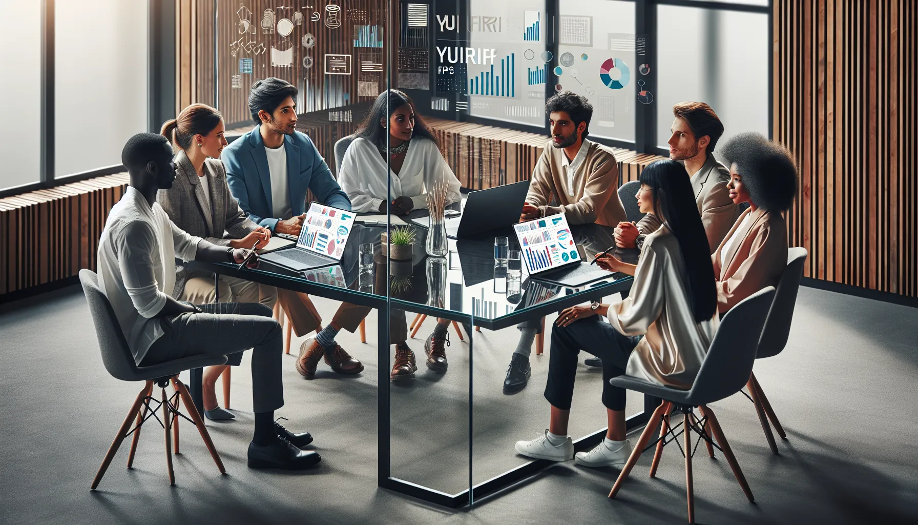 diverse team discussing Yuurifps platforms in a modern office.