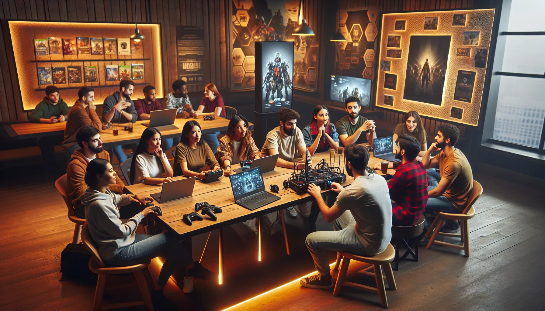 diverse gamers engaging in discussions at a modern gaming café.