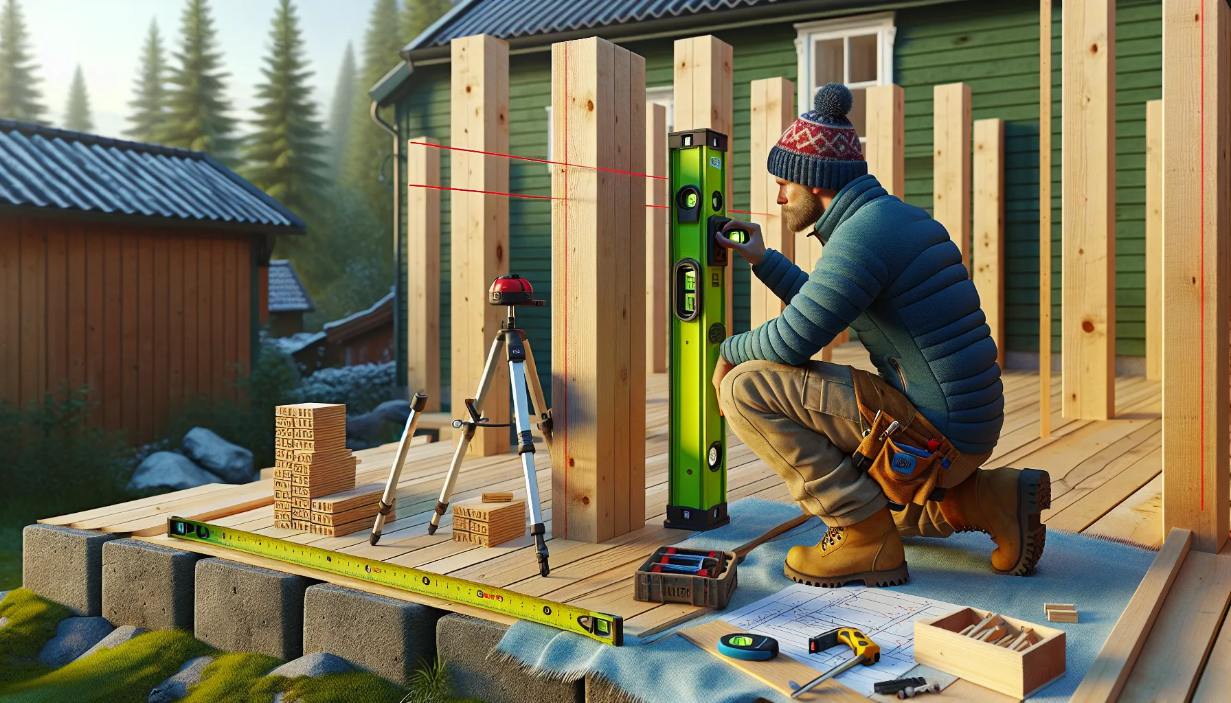 Slik velger du riktig verktøy for å bygge en pergola 3 Builder aligns pergola posts using laser, vater, and chalk line in norway.