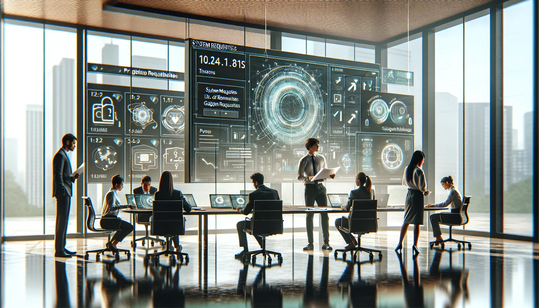 professionals collaborating on software setup in a modern office.