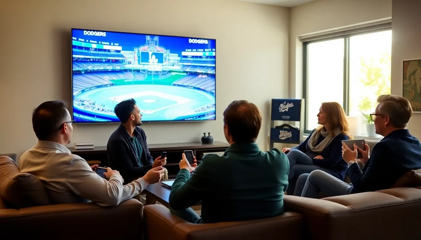 diverse group watching a Dodgers game in a modern living room.