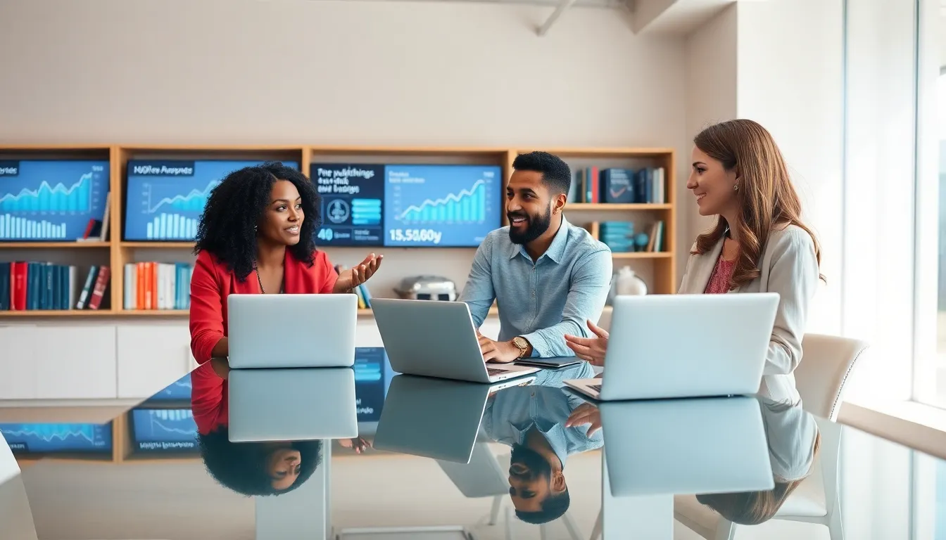 diverse team collaborating in a modern publishing office.