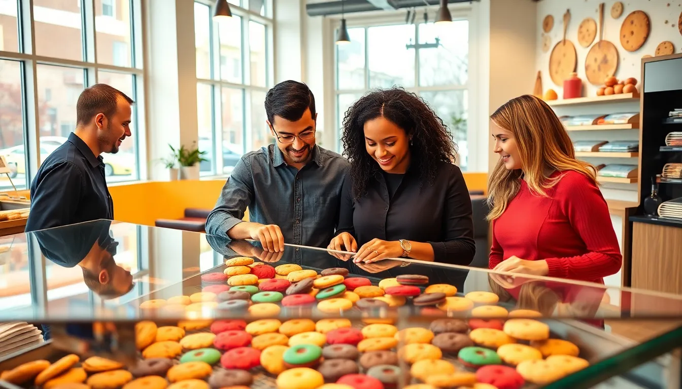 customers enjoying a variety of Crumbl Cookies in a modern bakery.
