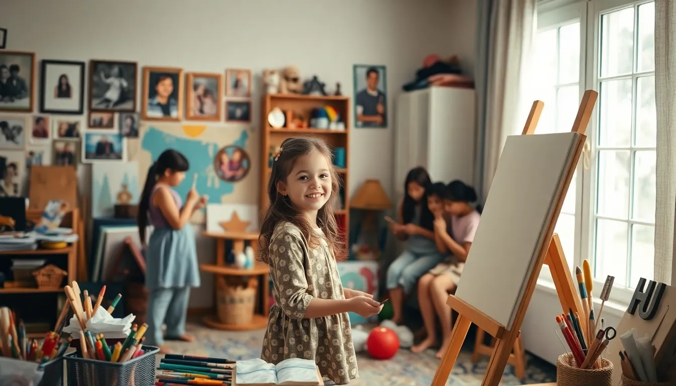 young girl painting in a bright, cozy room with friends.