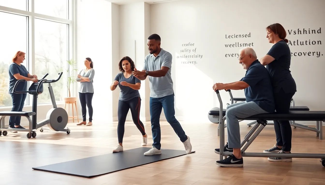 diverse physical therapy team assisting patients in a modern clinic.