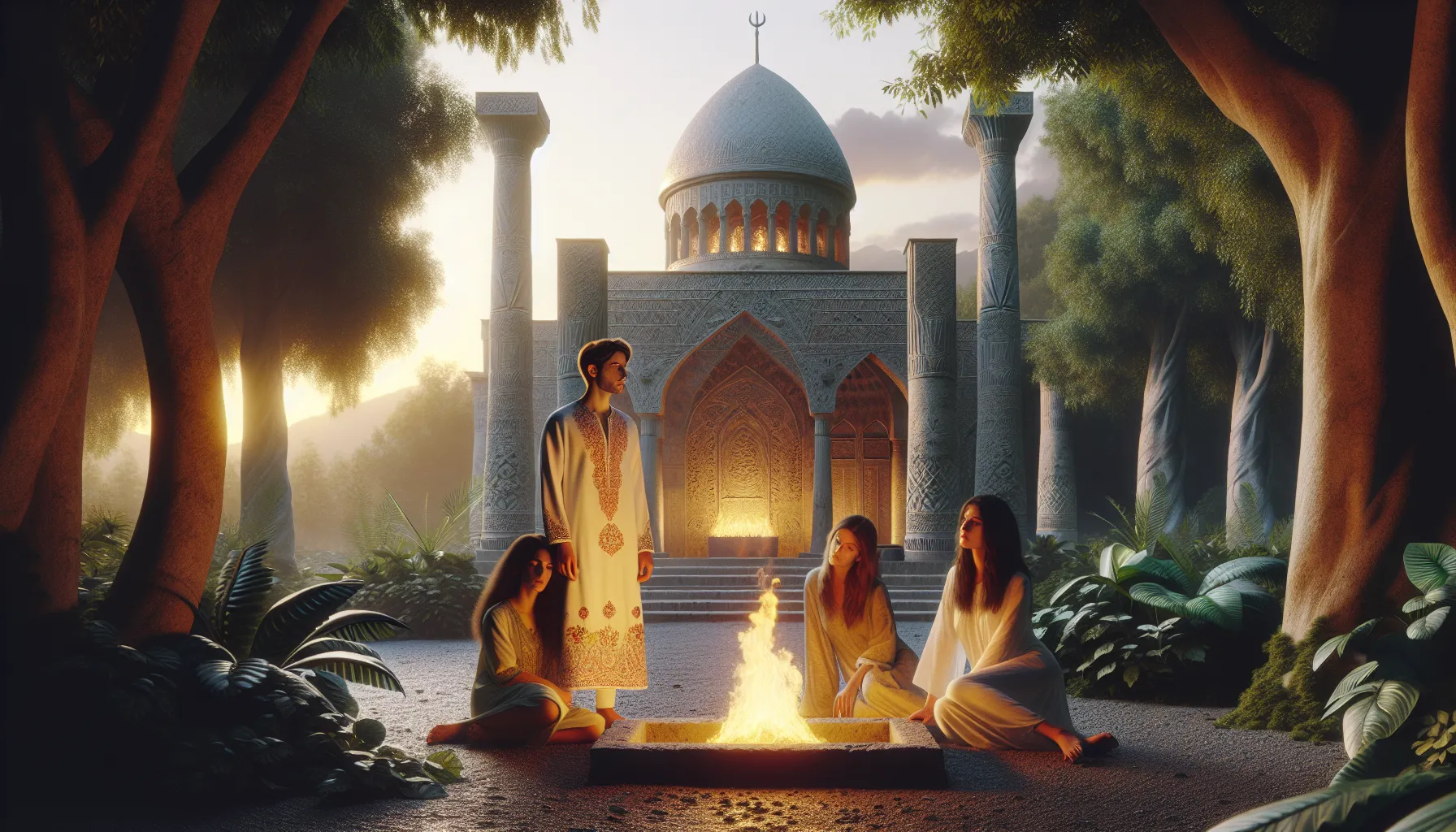 Zoroastrian fire temple with diverse individuals gathered around a sacred fire.