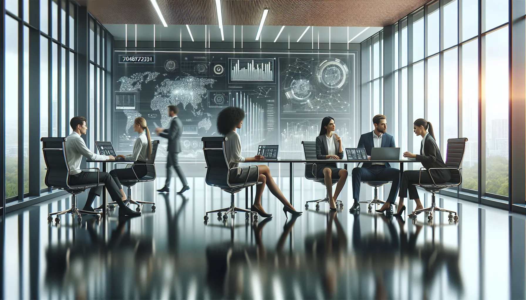 diverse team collaborating in a modern workspace with data analytics.