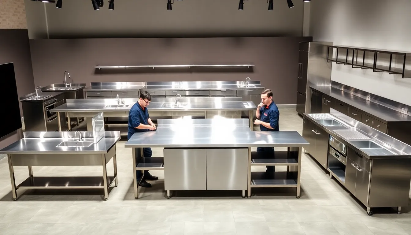 Assorted stainless steel benches in a modern commercial kitchen setting.