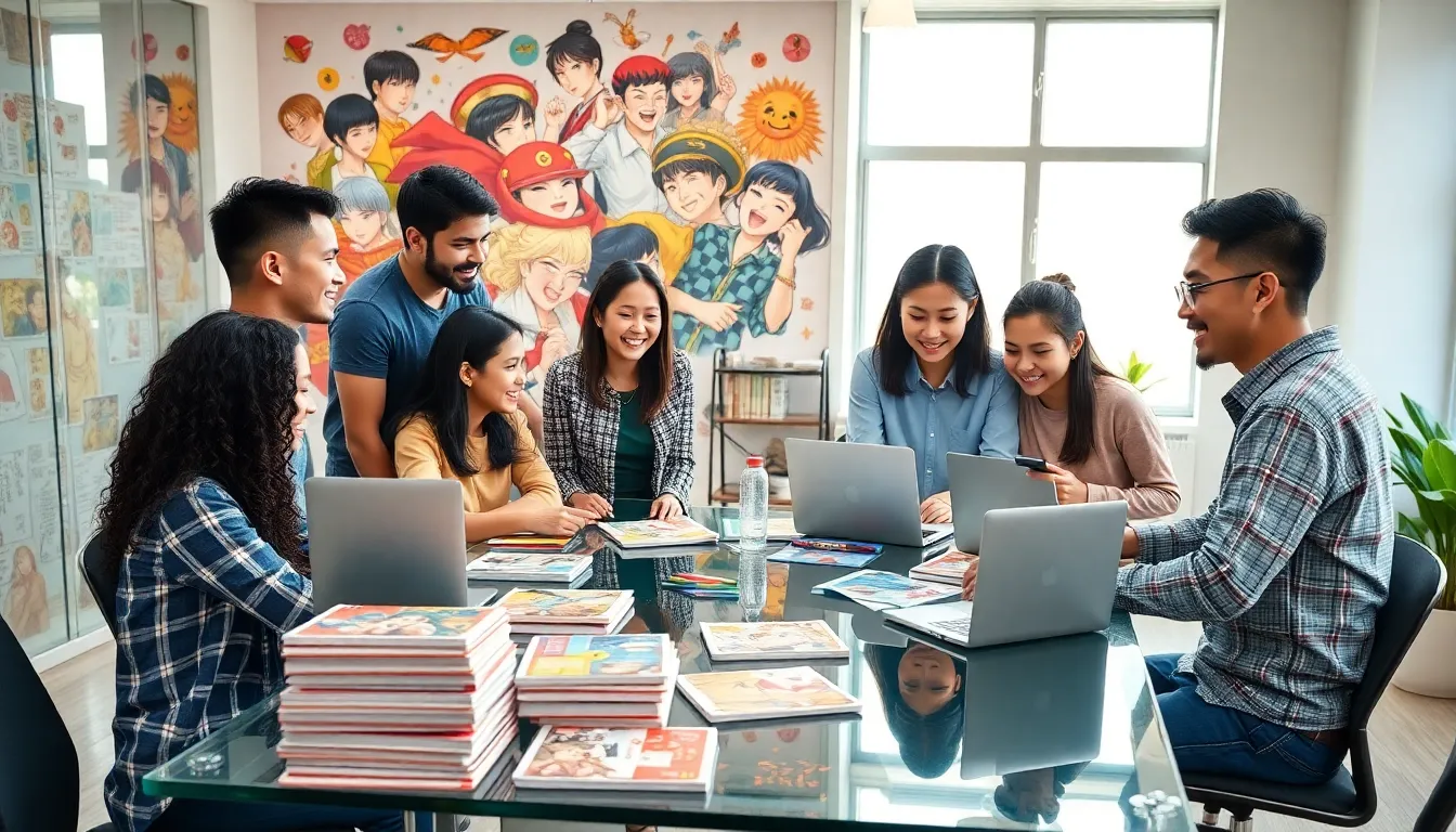 diverse group collaborating on manhua in a modern office.