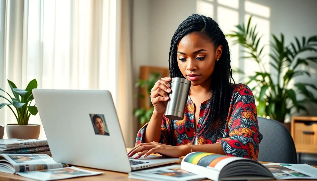 A woman reading Redwebzine articles in a bright, modern workspace.