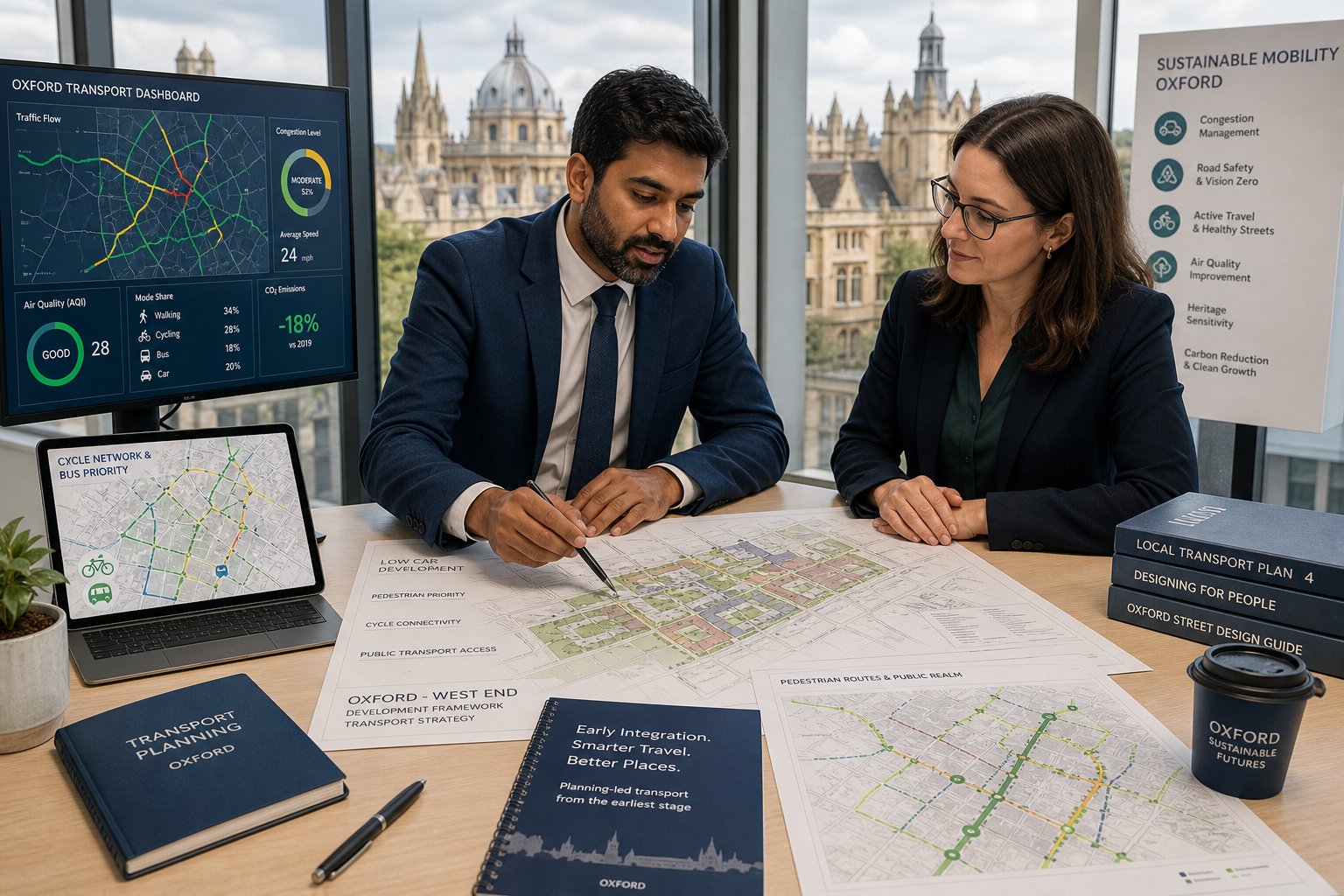Traffic engineer reviewing Oxford transport plans in a modern office.