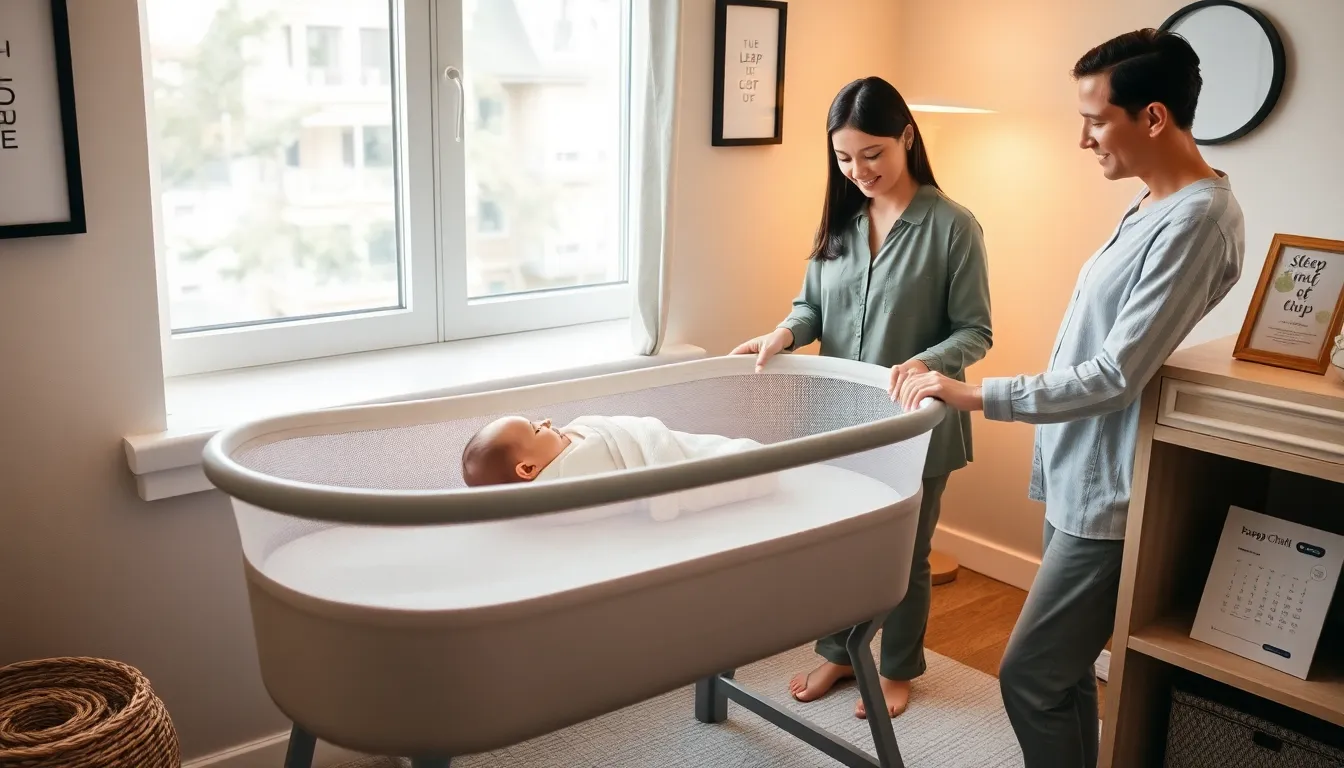 a parent watching a baby sleep in a modern bassinet.