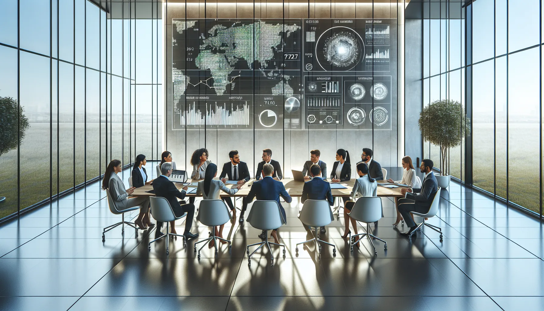 diverse professionals discussing data in a modern office.