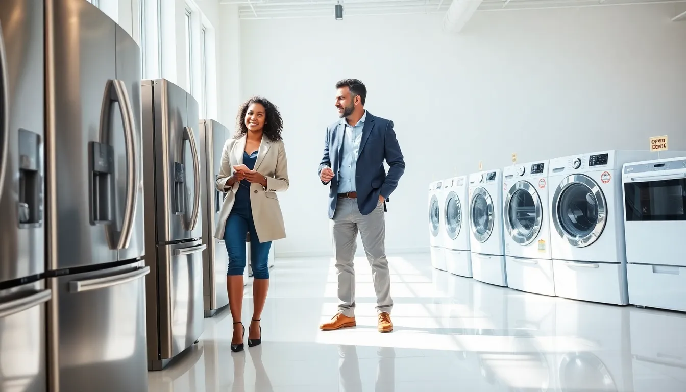 two professionals examining open box appliances in a modern showroom.