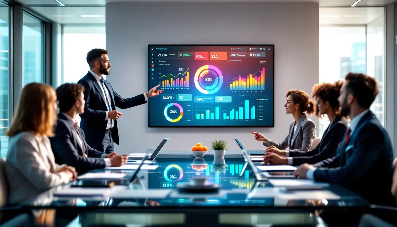 Healthcare executives reviewing AI analytics and ROI metrics in modern boardroom.