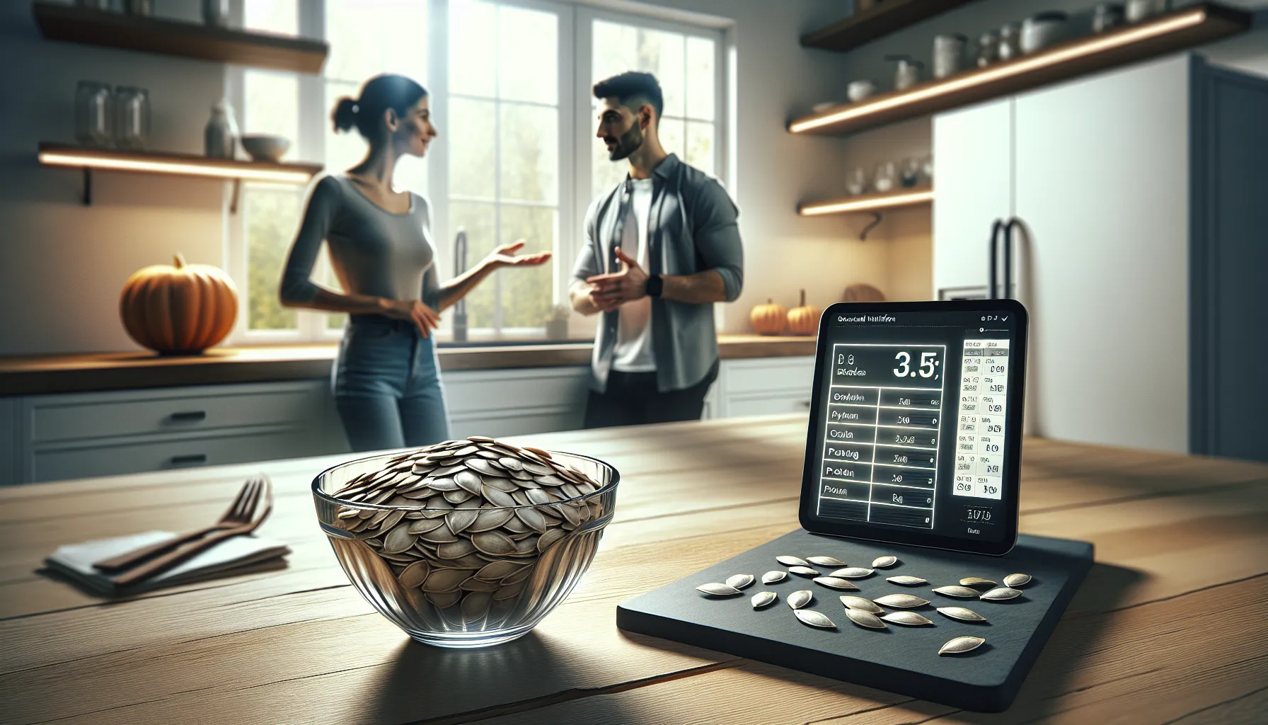 A bowl of pumpkin seeds beside a digital nutrition chart.