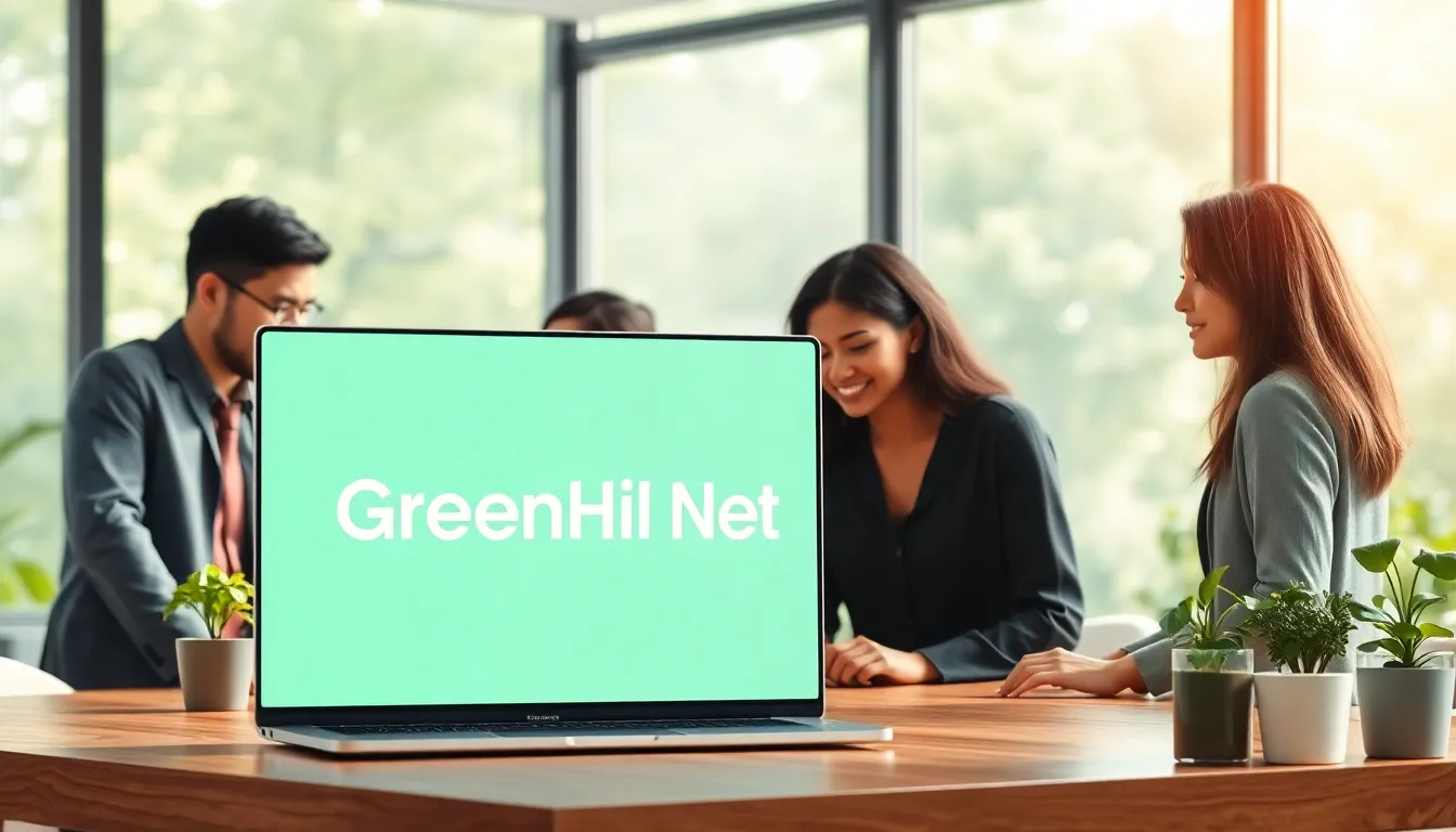 diverse professionals collaborating on the GreenHeal Net platform in a modern workspace.