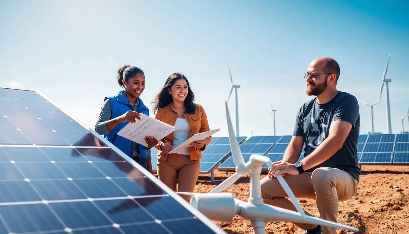 engineers collaborating at a renewable energy facility under sunny skies.