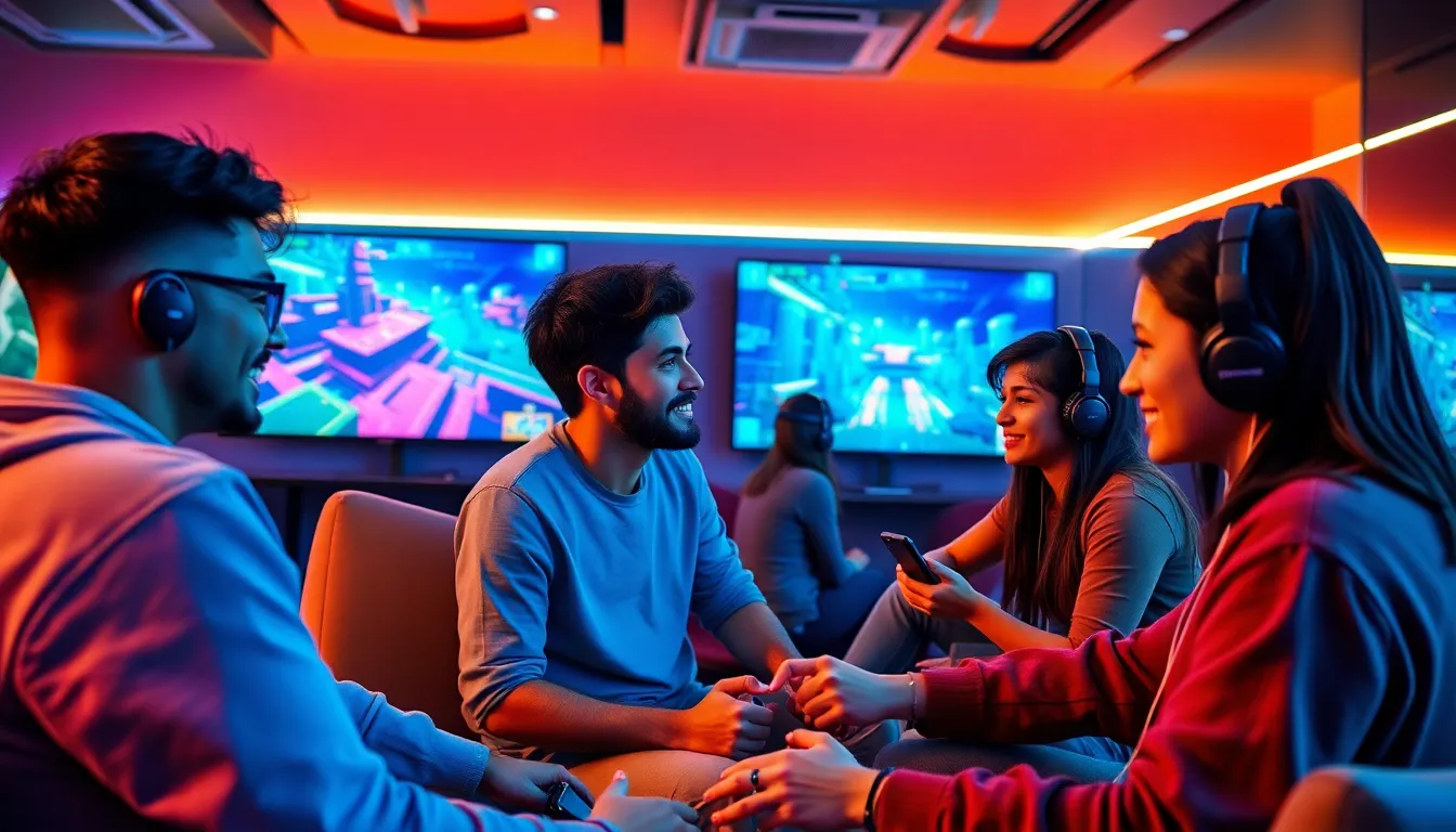 diverse gamers focused on gameplay in a modern gaming lounge.