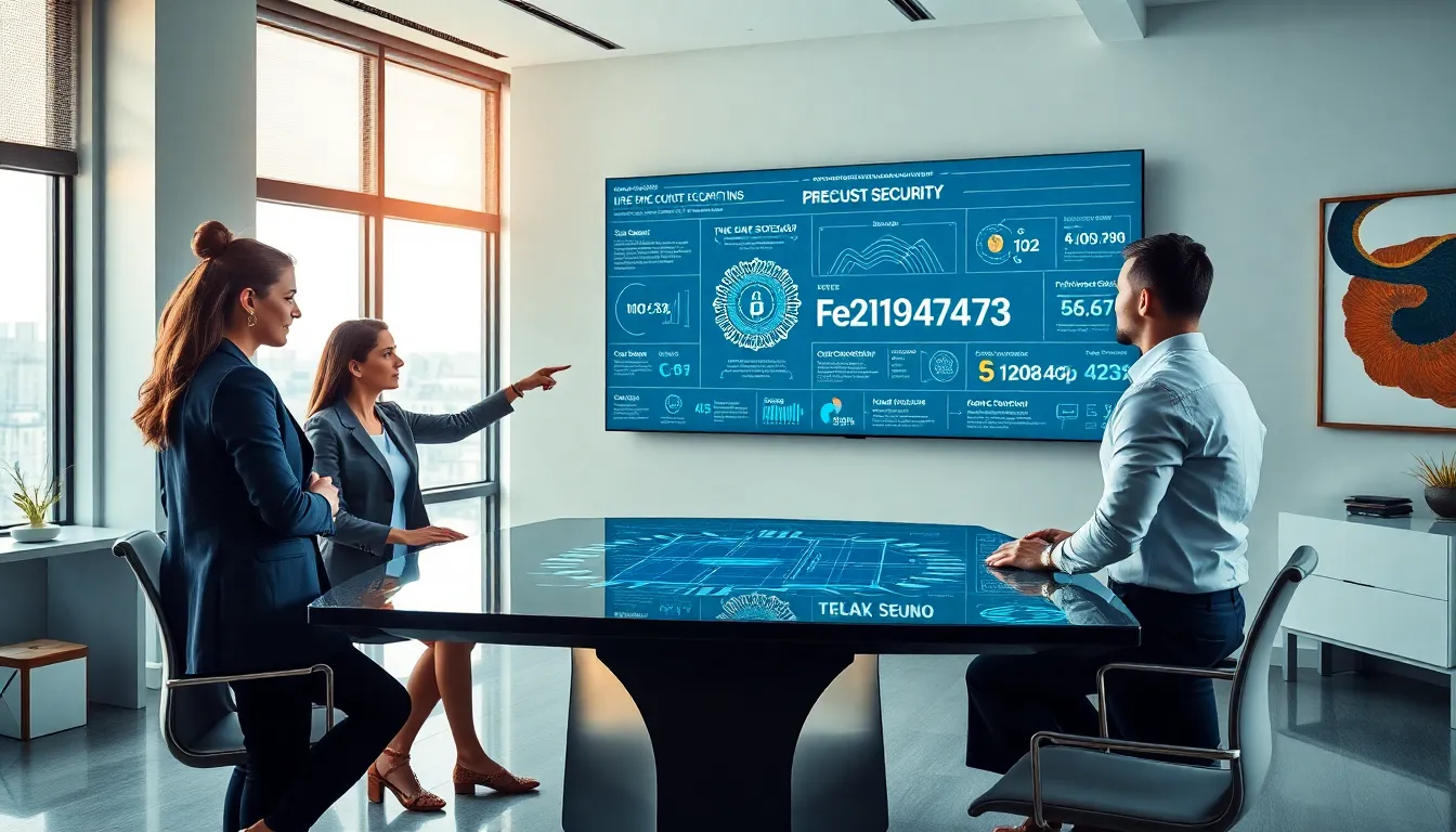 team discussing digital security features in a modern office.