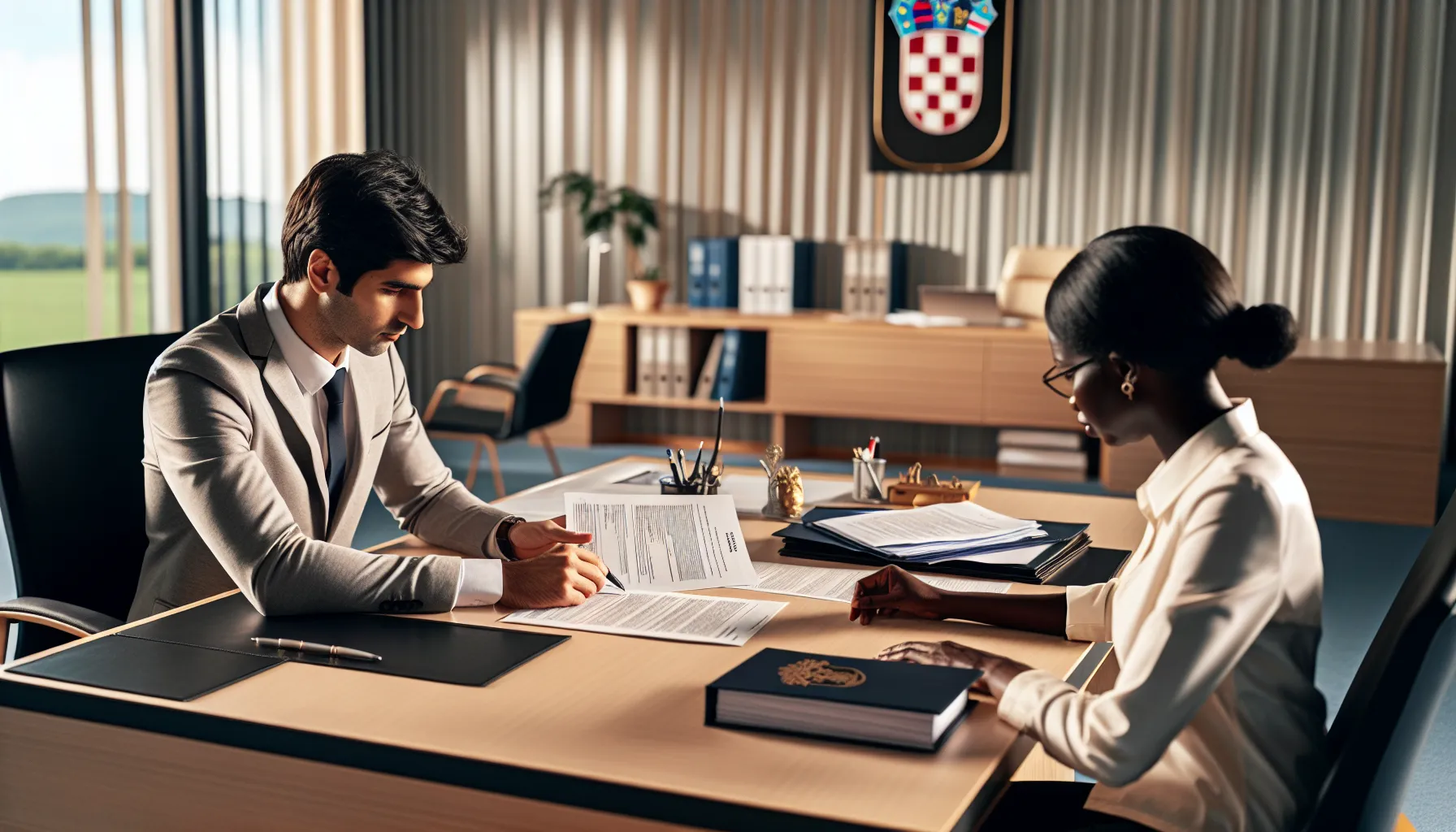 Person reviewing biographical documents with Croatian government official for citizenship application