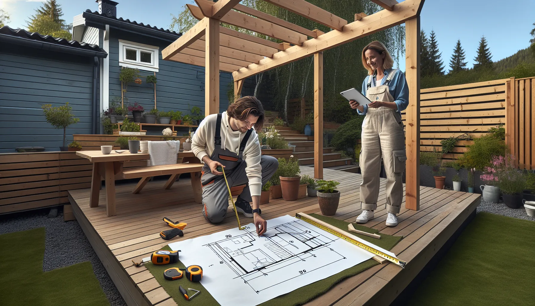 Homeowners measuring and marking a pergola layout on a norwegian patio.