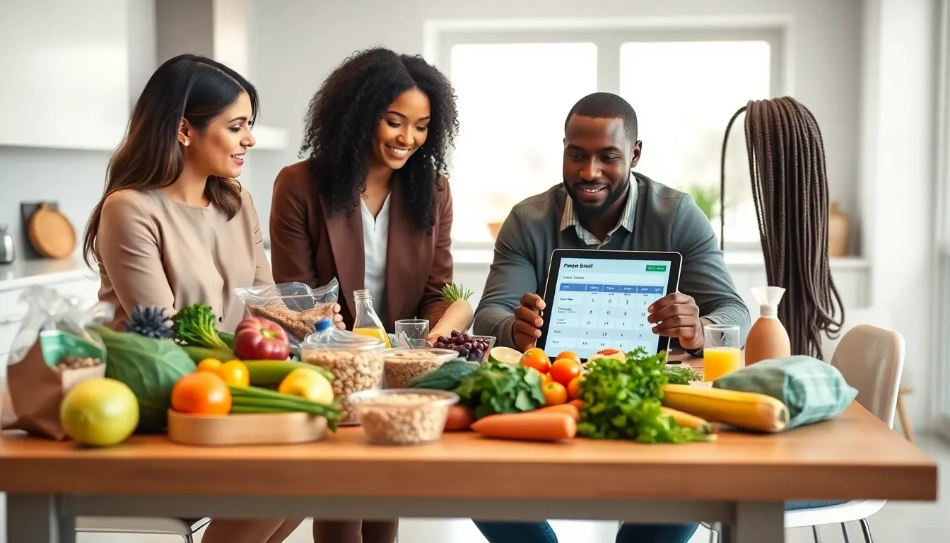 diverse team budgeting groceries in a modern kitchen.