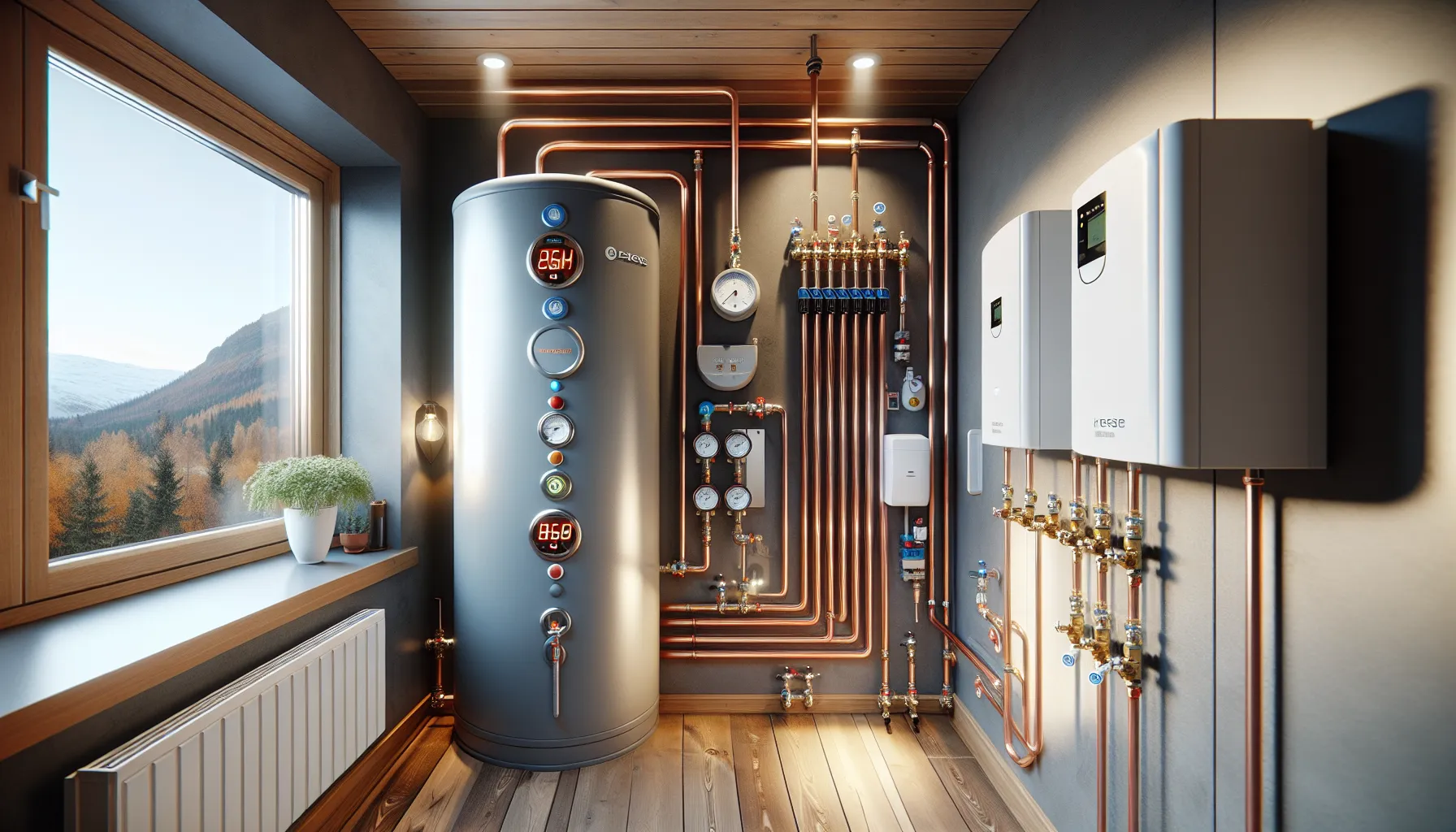 Norwegian utility room with solar-heated tank, smart controls, and backup heat sources.